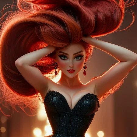 3D Fairytales, The image shows a woman with long red hair wearing a black dress standing in front of a blurred background. Her face is clearly visible with her eyes looking directly at the viewer., 1girl, solo, red hair, jewelry, dress, long hair, earrings, makeup, breasts, floating hair <lora:3D_FairytalesSDXL:1>