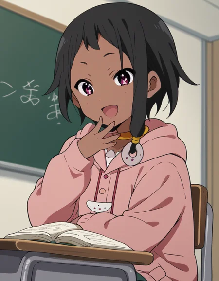 score_9, score_8_up, score_7_up, source_anime, <lora:choi-mochimazzi-s1-ponyxl-lora-nochekaiser:1>, choi mochimazzi, short hair, black hair, dark skin, dark-skinned female, pink eyes, sidelocks, jewelry, hoodie, pink hoodie, skirt,, classroom, chalkboard, daytime, studying, sitting, chair, desk, smile, <lora:ojou-sama-pose-ponyxl-lora-nochekaiser:1>, ojou-sama pose, laughing, smug, hand to own mouth, open mouth,, looking at viewer, solo,, dutch angle, cowboy shot