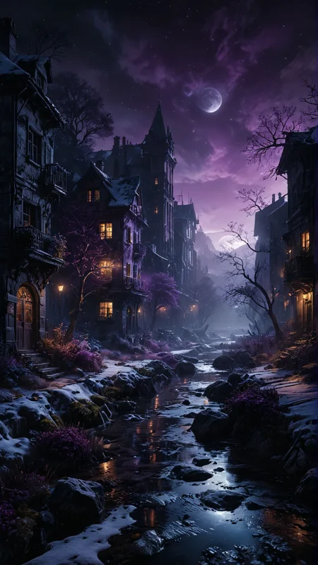 An idyllic beautiful winter landscape at night, 4k photorealistic, HDR, dark purple theme, ethereal dramatic lighting, surreal cinematic, nighttime, (darkness:1.1), high details, low angle, Rossdraws, Marc Simonetti, photorealistic digital painting, chiaroscuro image 
many details, extreme detailed, full of details,
Wide range of colors., Dramatic,Dynamic,Cinematic,Sharp details
Insane quality. Insane resolution. Insane details. Masterpiece. 32k resolution.
<lora:add-detail-xl:0.95> <lora:dvr-lnds-sdxl:0.3> dvr-lnds-sdxl <lora:MJ52:0.25> <lora:ral-apoctvisn-sdxl:0.3> ral-apoctvisn <lora:zavy-cntrst-sdxl:0.35> dark, chiaroscuro, low-key <lora:zavy-rmlght-sdxl:0.41> zavy-rmlght <lora:SDXLFaeTastic2400:0.225>