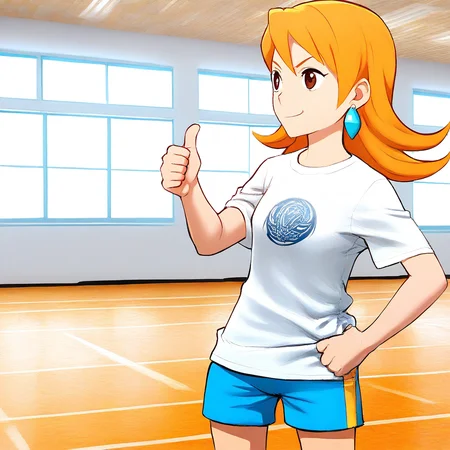 masterpiece, best quality, absurdres, 1girl, solo, female focus, F_F_T_R, orange hair, long hair, flipped hair, earrings, brown eyes, t-shirt, white shirt, athletics shorts, thumbs up, cowboy shot, indoors, gymnasium