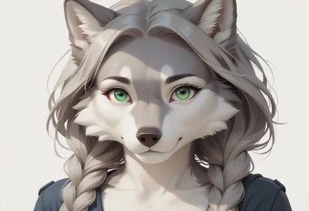 score_9, score_8_up, score_7_up, score_6_up, female Anthro, White Cheeks, gray fur, green eyes, beautiful eyes, wolf tail, Gray Hair, Gray Twinbraids, adult female, eye focus, disambiguation