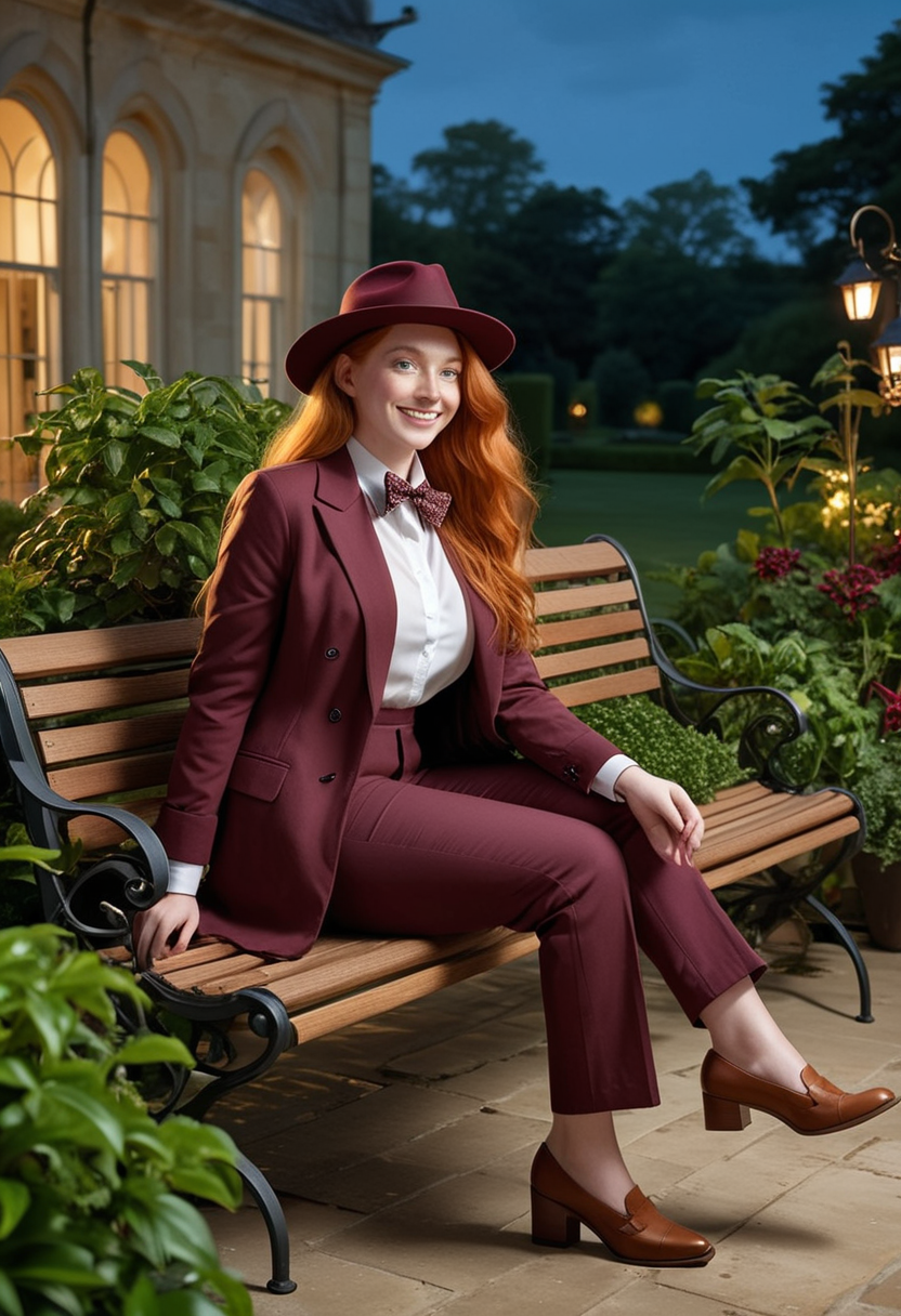(medium full shot) of (sophisticated dapper young gentlewoman, curvy build, extra long ginger hair), italian, tan skin, blue eyes, wearing a panama hat, burgundy double-breasted jacket with stylish accents, linen pants with zipper details, moccasins with elegant details, bow tie, cufflinks designer wristwatch, set in  a tranquil country manor, featuring a sunlit conservatory, a wrought iron daybed, potted plants, a quaint wooden bench, at night, woman smiling, ,Masterpiece,best quality, raw photo, realistic, very aesthetic, dark
