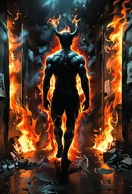 <lora:flame silhouette:1>, <lora:flame:1>, flame,
fullbody, full body, back view, <lora:Super perspective and fight stance:0.8>, ((super low perspective)), low perspective, ((fisheye)), dark atmosphere, dark shadow, deep shadow, shadow, Super perspective,fisheye, wide shot, foreshorten, lighting stance, (fire around), ((fiery footprints)),
Man with demon horns in black shorts walking away from the long dark office corridor, Adult, Mesomorph Muscular body, short Muscular neck, Rectangle faces, broad Muscular shoulders, Muscular fitness arms, black short combed back hair, Angular jawline, Designer Stubble black whiskers, triangular black hair beard, Muscular fitness ass, Athletic thighs, Muscular fitness legs, big muscles, dark black skin,
((burning walls)), ((fire on the walls)),
<lora:Camera Perspectives (507):1>, from below, foreshortening, perspective,
graphic style of novel comics, perfect hands, 2d,
8k, hyperrealism, masterpiece, high resolution, best quality, ultra-detailed, super realistic, Hyperrealistic art, high-quality, ultra high res, highest detailed, lot of details, Extremely high-resolution details, incredibly lifelike, colourful, soft cinematic light,