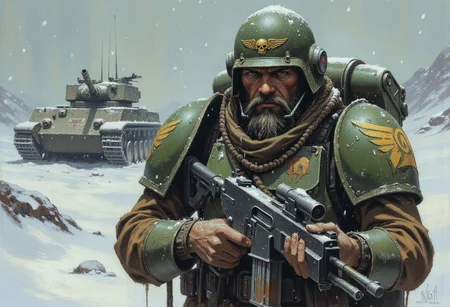 The image is a digital painting depicting a rugged, bearded man in a warhammer 40k military uniform. He is wearing a green helmet adorned with a golden emblem featuring a skull and wings, suggesting a connection to a specific military unit or faction. The helmet has a visor, which is slightly raised, revealing his intense expression. Snowflakes are visible in the air, indicating a cold, wintry environment.
The man's armor is predominantly green and scratched , suggesting he is experienced warrior. He carries a large, black rifle slung over his shoulder, with the butt resting on the ground, and the barrel pointing towards the left side of the image. His face is covered with a thick beard, and his eyes are focused intently forward, conveying a sense of determination and vigilance.
The background features a battle tank with large, snow-capped base in the distance. The snow is falling heavily, creating a sense of urgency and isolation. The colors in the painting are muted and cold, with shades of green, grey, and white dominating. The overall mood is one of tension and resilience in a hostile environment. colorful, vibrant colors,color contrast,light particles, high saturation,deep rich colors,vivid colors,shimmer,dramatic,centered,depth of field,directional lighting,godrays,(close-up),warhammer 40k universe, ultra detailed,