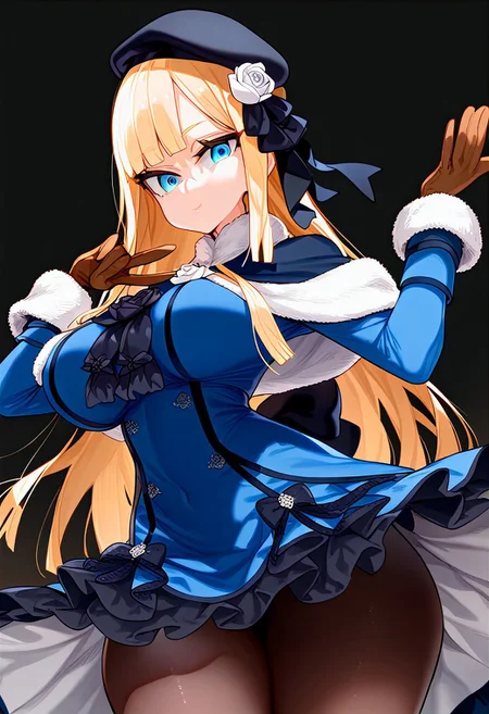 (masterpiece:1.2, best quality), (finely detailed eyes: 1.2) (ultra-detailed, hires), (detailed face, detailed eyes), (best illumination), detailed glow, high contrast, looking at viewer, solo, 1girl, solo, (huge breasts, thin waist, wide hips, thick thighs), peaceful, closed mouth, adult, reines el-melloi archisorte, blonde hair, blue eyes, long hair, bangs, blunt bangs, beret, black headwear, black ribbon, blue dress, brown gloves, dress, flower, fur collar, fur trim, fur-trimmed sleeves, gloves, hair flower, hair ornament, hair ribbon, hat, long sleeves, ribbon, rose, tilted headwear, white flower, white rose, black pantyhose, random pose, no background, dark background, (masterpiece, best quality, very aesthetic, absurdres), (ultra detailed perfect piece:1.2), illustration, masterpiece, (extremely detailed CG 8k), (very fine 8K CG), <lora:add-detail-xl:-1>