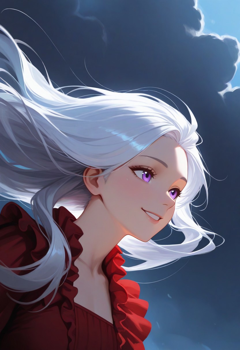 1girl, Aerea Targaryen, A song of Ice and Fire, DnD, Long Lustrious Hair, white Hair, Long white Hair, purple eyes, innocent eyes, teen (between ages of 14-16), lovely smile, dark background, wearing a red dress, 1girl, childish features, sole girl, dynamic lighting, dynamic angle, cloud, volumetric lighting, blue sky, portrait, upper body,