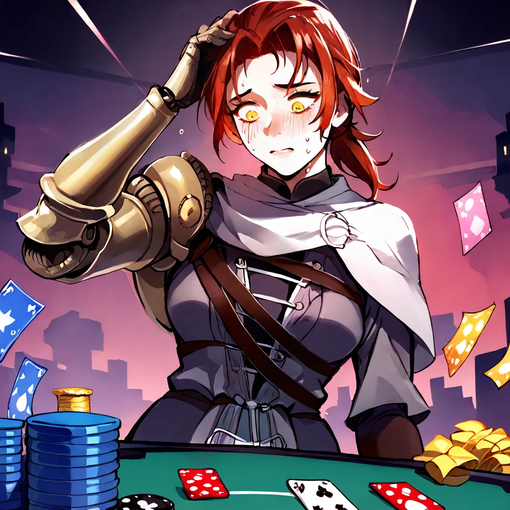 1girl,solo,looking down,<lora:Millicent-000012:1>,
millicent \(elden ring\),red hair,yellow eyes,ponytail,scar,prosthetic arm,brown robes,capelet,ponytail,prosthetic arm,scar,
hands on head,sweat,nervous sweating,looking at cards,casino,casino chips,casino table,<lora:intricate_details:1>,intricate_details_xl,, score_9, score_8_up, score_7_up, perfect anatomy, source_anime,