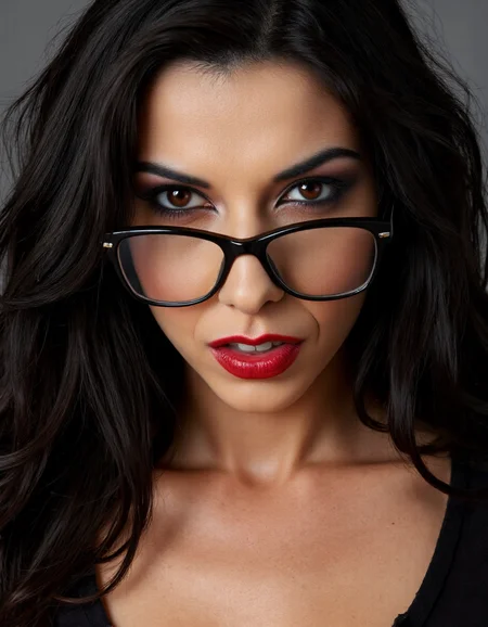A striking portrait of a fierce woman with piercing eyes and bold, direct eye contact. She wears natural-looking brick-red lipstick and large, avant-garde glasses. The composition embodies a high-fashion editorial aesthetic, blending ethereal beauty with dramatic shadows and luxurious fashion details. The zoomed-out perspective places the subject in 30% of the frame, leaving ample negative space around her head for a modern, minimalist feel. The subtle 3D effect enhances the visual depth, creating a captivating and dynamic image.