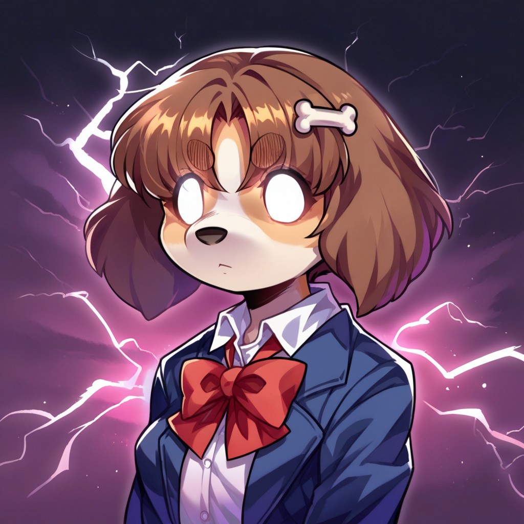 score_9, score_8_up, source_anime, 1girl, incrslowtier, <lora:KYS_XLPD:1.3>, electricity, upper body, glowing eyes, no eyes, expressionless, <lora:ChamFrierenPonyXL:1>, 
furry, dog ears, dog tail, dog girl, breast, body fur, bone hair ornament, brown hair, brown eyes, animal nose, bangs, thick eyebrows, short hair, school uniform, jacket, long sleeves, open jacket, collared shirt, socks, bowtie, pleated skirt, miniskirt, shoes, pure white eyes,