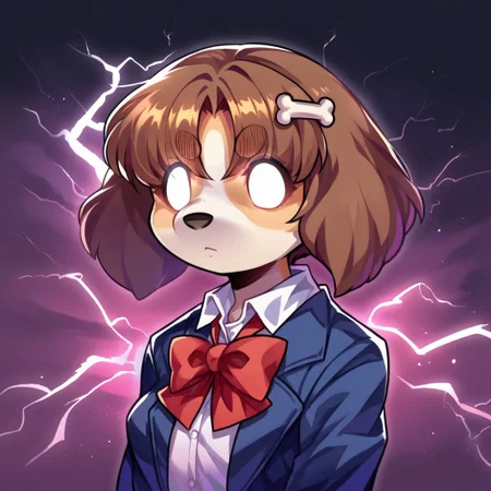 score_9, score_8_up, source_anime, 1girl, incrslowtier, <lora:KYS_XLPD:1.3>, electricity, upper body, glowing eyes, no eyes, expressionless, <lora:ChamFrierenPonyXL:1>,
furry, dog ears, dog tail, dog girl, breast, body fur, bone hair ornament, brown hair, brown eyes, animal nose, bangs, thick eyebrows, short hair, school uniform, jacket, long sleeves, open jacket, collared shirt, socks, bowtie, pleated skirt, miniskirt, shoes, pure white eyes,