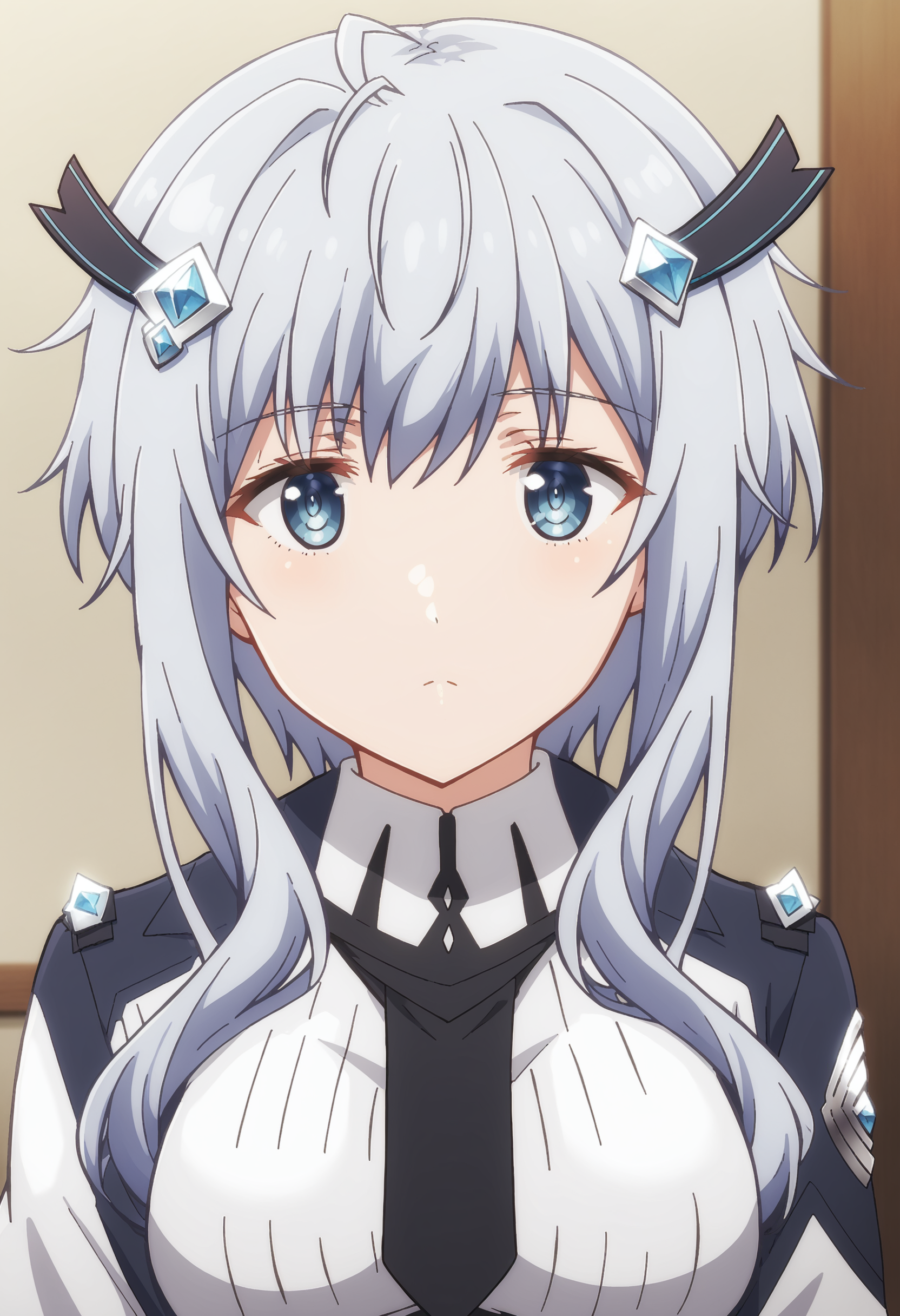 EBMisha, 1girl, solo, long hair, looking at viewer, hair ornament, medium breasts, light blue eyes, upper body, grey hair, sidelocks, necktie, black necktie, short hair with long locks, 
 <lora:xl_more_art-full_v1:0.8>, <lora:MishaNecron:0.9>