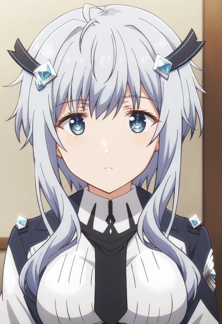 EBMisha, 1girl, solo, long hair, looking at viewer, hair ornament, medium breasts, light blue eyes, upper body, grey hair, sidelocks, necktie, black necktie, short hair with long locks, 
 <lora:xl_more_art-full_v1:0.8>, <lora:MishaNecron:0.9>