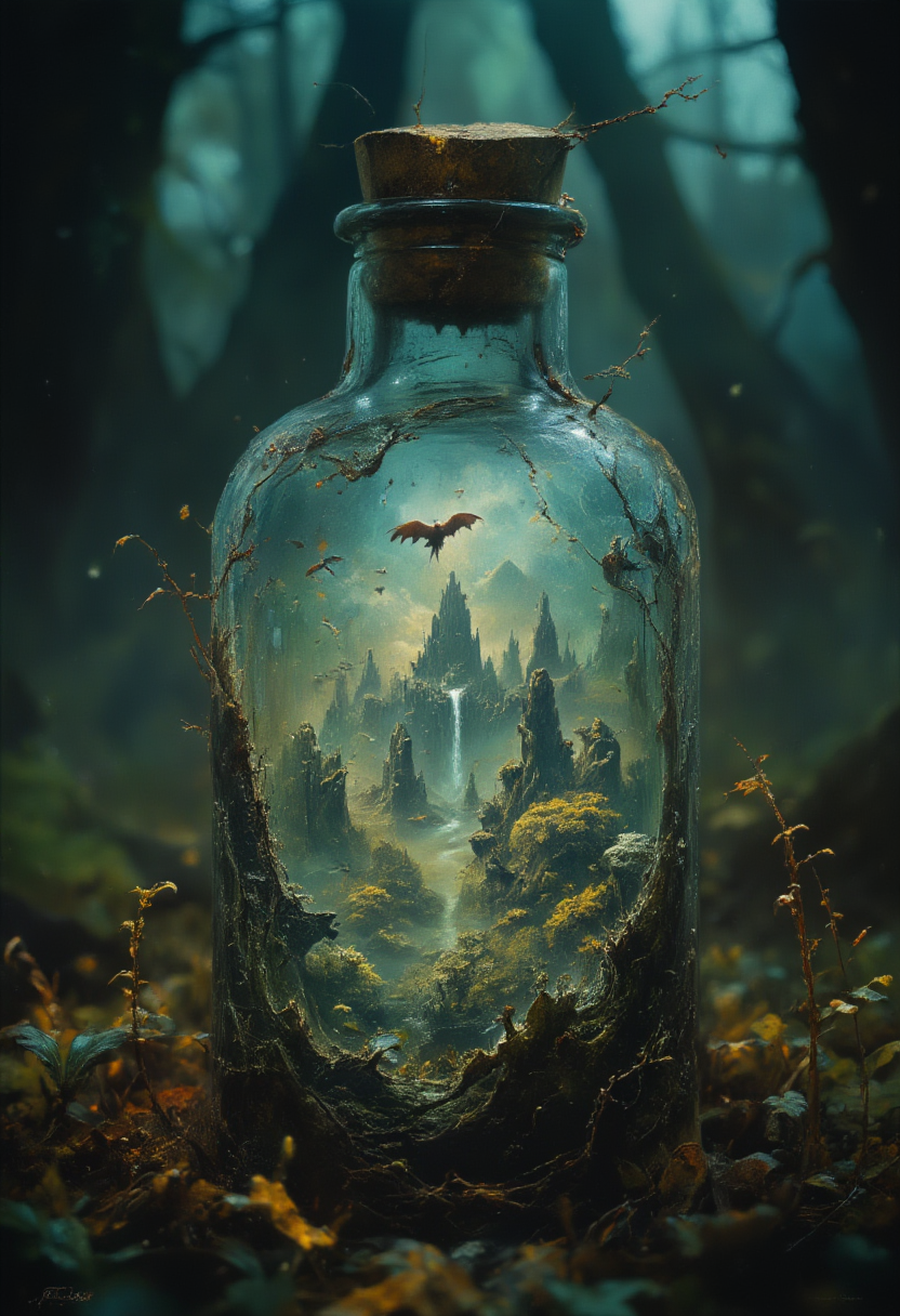 A close-up of an old and big mystical glass bottle with cracks half-buried in leaves on the forest floor, its cork sealed with wax. Through the dirty glass, a vibrant, hidden world of floating islands, cascading waterfalls, and tiny, flying dragons is visible, surrounded by an aura of glowing light. (fantasy style, epic)
<lora:artilands:0.6>,  <lora:Dark_Landscapes:0.7>, <lora: - Flux1 - soothing_atmo_V1.0:0.7>