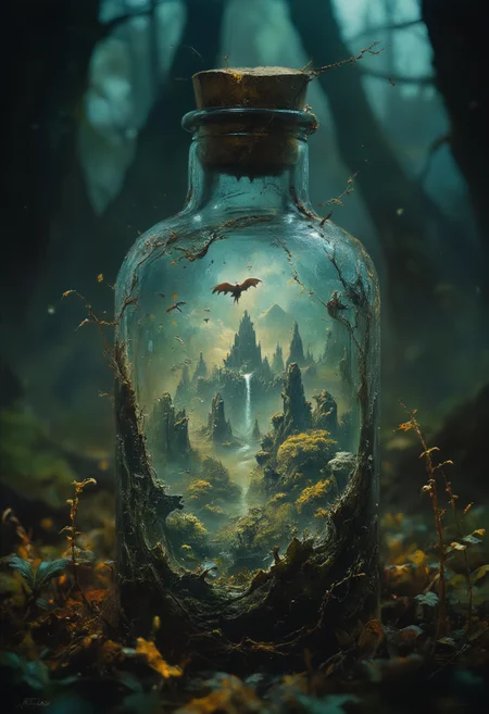 A close-up of an old and big mystical glass bottle with cracks half-buried in leaves on the forest floor, its cork sealed with wax. Through the dirty glass, a vibrant, hidden world of floating islands, cascading waterfalls, and tiny, flying dragons is visible, surrounded by an aura of glowing light. (fantasy style, epic)
<lora:artilands:0.6>, <lora:Dark_Landscapes:0.7>, <lora: - Flux1 - soothing_atmo_V1.0:0.7>
