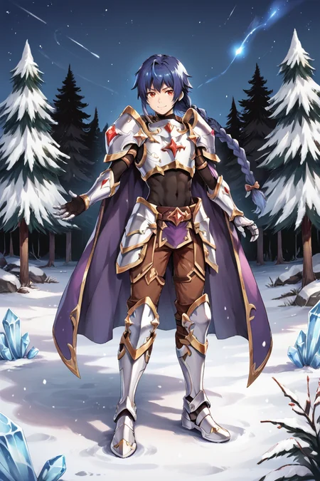 score_9, score_8_up, score_7_up, source anime, BREAK, <lora:Claire__Colt:0.75>, Cbase, Cdef, red eyes, 1boy, blue hair, long hair, low-tied long hair, low-braided long hair, single braid, braided ponytail, braid, armor, breastplate, bodysuit under clothes, black bodysuit, brown pants, faulds, midriff, shoulder armor, short cape, purple cape, gauntlets, armored shoes, boots, smile, looking at viewer, (full body), <lora:m4gXLP:0.5> , m4g, (solo), outdoors, exterior, (night), cosmos, stars, forest, ice, winter, scenery, <lora:backgroundsetXL:0.2> , background,