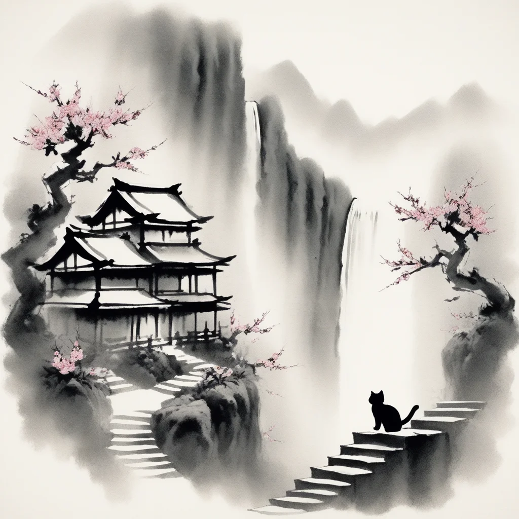 sumie ink brush stroke, monster, sumie ink paper texture, flower, fog, animal focus, sumie ink, cat, mountain, calligraphy brush (medium), architecture, waterfall, stairs, branch, tree, holding