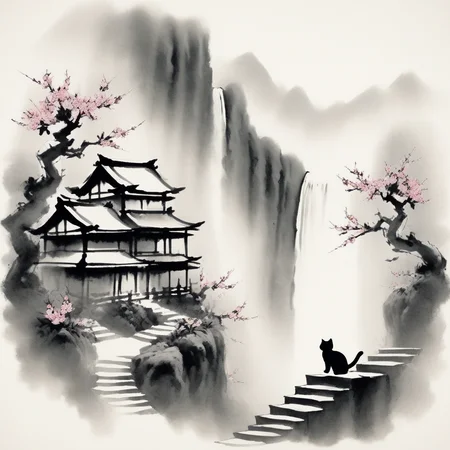 sumie ink brush stroke, monster, sumie ink paper texture, flower, fog, animal focus, sumie ink, cat, mountain, calligraphy brush (medium), architecture, waterfall, stairs, branch, tree, holding