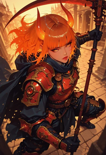 masterpiece, best quality, good quality, very aesthetic, absurdres, newest, 8K, depth of field, focused subject, in the style of cknc, artist:moriimee, in the style of cksc,  BREAK asian young oni demon, irridescent scale armour, bangs, long bright orange bioluminescent hair, red plated armour, holding scythe, battle stance, dynamic angle, ancient fantasy city, battle-ready stance, dynamic pose, golden hour, directional lighting, viewed from above