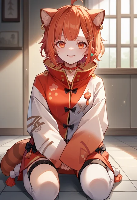 score_9, score_8_up, source_anime, 1girl, solo, RatnaHdded, orange eyes, animal ears, orange hair, short hair, ahoge, x hair ornament, earrings, red bell collar, high collar, chinese clothes, multicolored jacket, red jacket, white jacket, black jacket, sleeves past wrists, thigh strap, white thighhighs, tail, indoors, kneeling, on floor, smile, <lora:ChamRatnaPetitPonyXL:1>
