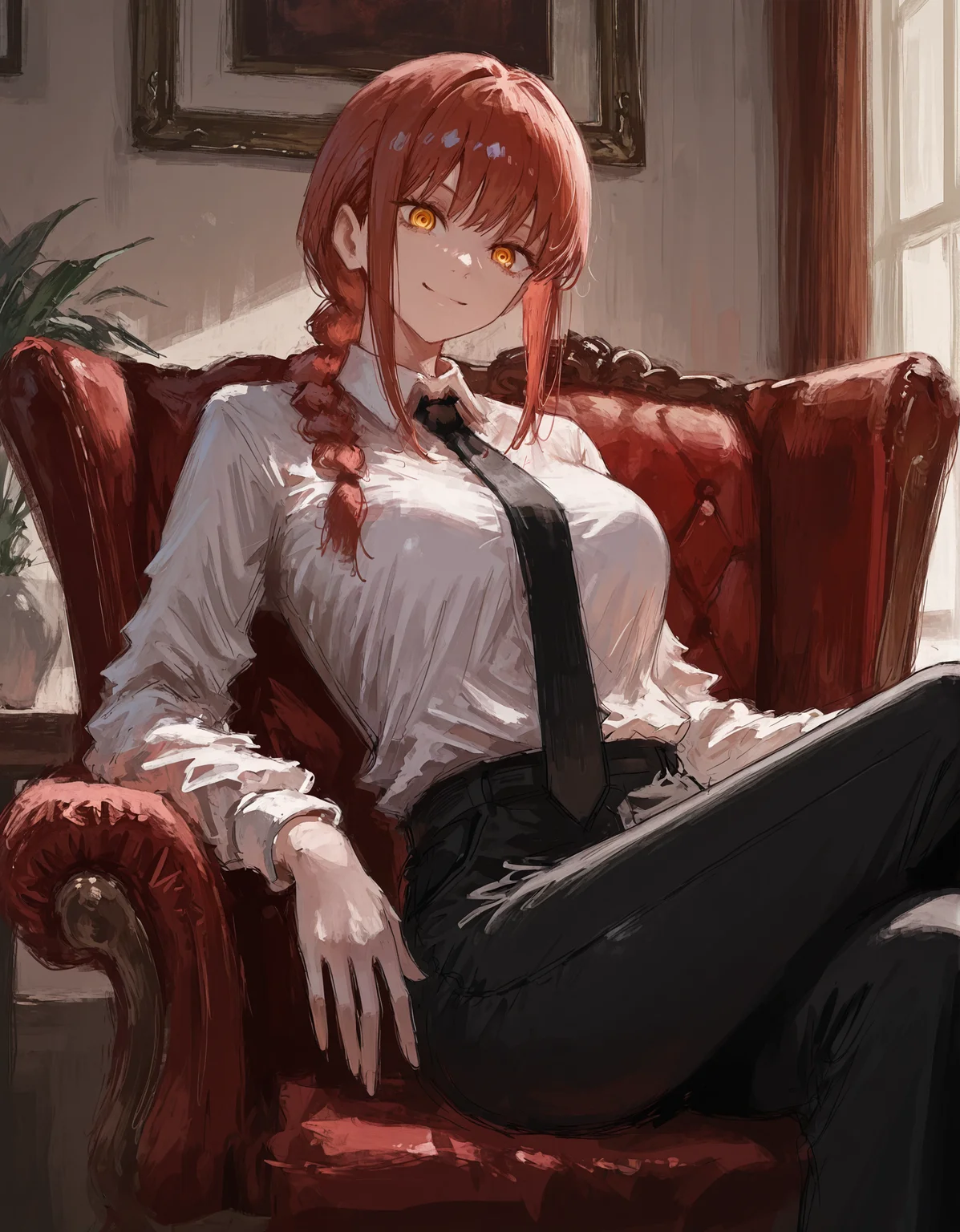 masterpiece, best quality, newest, highres, absurdres, <lora:fuyumur4s4ki_style:1>,fuyumur4s4ki_illu, makima \(chainsaw man\), 1girl, solo, necktie, black necktie, shirt, braid, sitting, white shirt, looking at viewer, yellow eyes, red hair, pants, collared shirt, black pants, bangs, braided ponytail, ringed eyes, smile, crossed legs, long sleeves