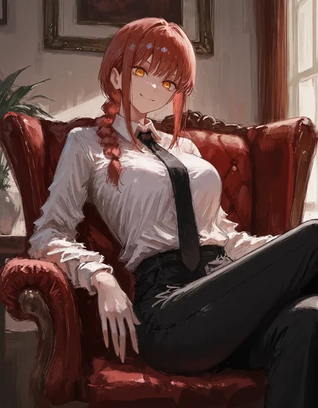 masterpiece,  best quality, newest, highres, absurdres,  <lora:fuyumur4s4ki_style:1>,fuyumur4s4ki_illu, makima \(chainsaw man\),  1girl, solo, necktie, black necktie, shirt, braid, sitting, white shirt, looking at viewer, yellow eyes, red hair, pants, collared shirt, black pants, bangs, braided ponytail, ringed eyes, smile, crossed legs, long sleeves