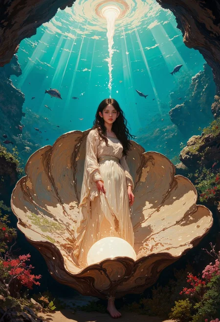 8k high quality digital painting , masterpiece, very detailed, ultra realistic, (best quality) very detailed epic masterpiece, boris vallejo style, a beautiful girl is standing in a huge opened seashell and holds a glowing huge pearl in her hands, sensual facial expression, beautiful face, unearthly beautiful, the mussel shell glitters in all colors, underwater scene, colorful corals, fish in the background, rays of light fall into the water from above, boris vallejo style, low saturation, photo realistic oil painting,