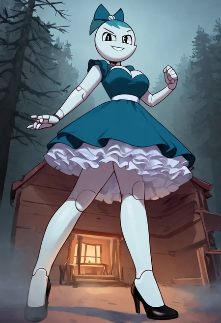 (Masterpiece, best quality:1.2), score_9, score_8_up, flat color, flat shading, soft shading, lighting, Jenny Wakeman as an adult, (((in a 1950's full length formal dark blue dress, a white belt, a fluffy frilly ruffled full white petticoat, and black high heels))), dress, layered petticoat, frilly petticoat, fluffy petticoat, full petticoat, detailed petticoat, wide skirt, detailed outfit, flowing skirt, (((long skirt))), (((solid dark blue colored dress, black high heels))), blue hair, series accurate, cute, best high quality, high res, robot, humanoid robot, (((giant breasts, cleavage))), whole body shot, 1girl, (((solo, outside, in a dark creepy forest, by a old ominous log cabin, at night, heavy fog surrounding her, fog, heavy fog, looking at you, low angle))), (((evil, evil smile, determined evil eyes, posing gracefully and evilly))), low angle shot, cartoon, cartoon style, vector, solo, circle dress, 1950s, dance dress jenny, jenny wakeman, 1girl, solo, robot joints, black eyes, white skin, ponytail, hair bow, blue rose chest corsage, poofy dress, blue hair, flat lighting,