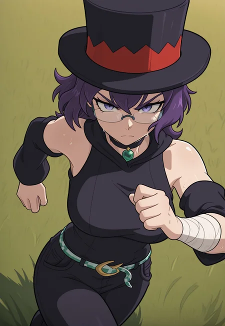 masterpiece, best quality, newest, absurdres, highres, Jade-Utopus, purple eyes, purple hair, medium hair, glasses, top hat, bandage on one arm, black pants, belt, detached sleeves, black choker with green gem, solo, alone, outside, grass field, serious, running, sweating,
