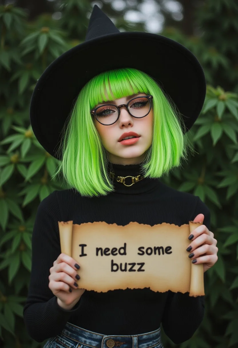 FictionalApple, wearing a witches hat,goth girl with a lime green bobcut with blunt bangs. chique 70s glasses,Holding a scroll saying "I need some buzz" winking