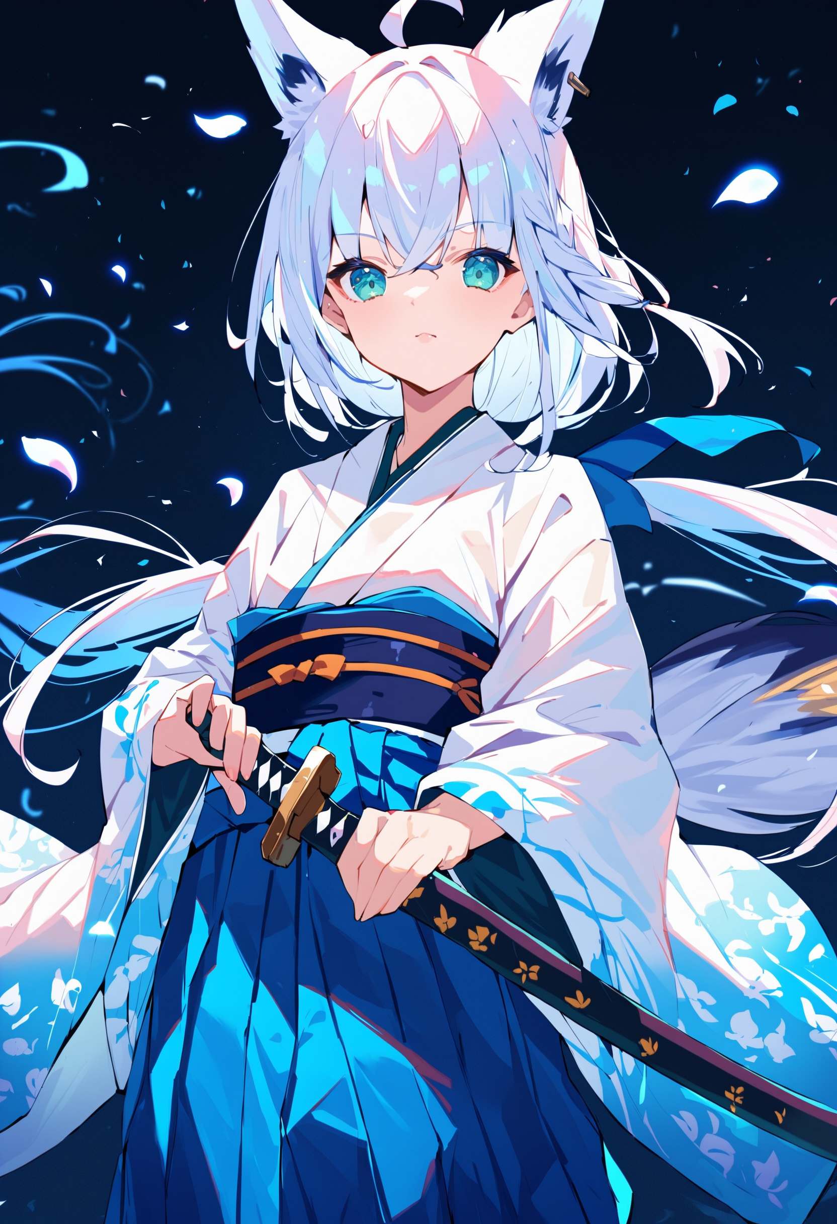 score_9, score_8_up, score_7_up, score_6_up, source anime,
shirakami fubuki, 1girl, weapon, sword, japanese clothes, solo, long hair, holding, kimono, katana, holding weapon, holding sword, hakama, fox tail, blue hakama, hakama skirt, white kimono, skirt, looking at viewer, wide sleeves, obi, petals
<lora:shirakami_fubuki_v2:1>