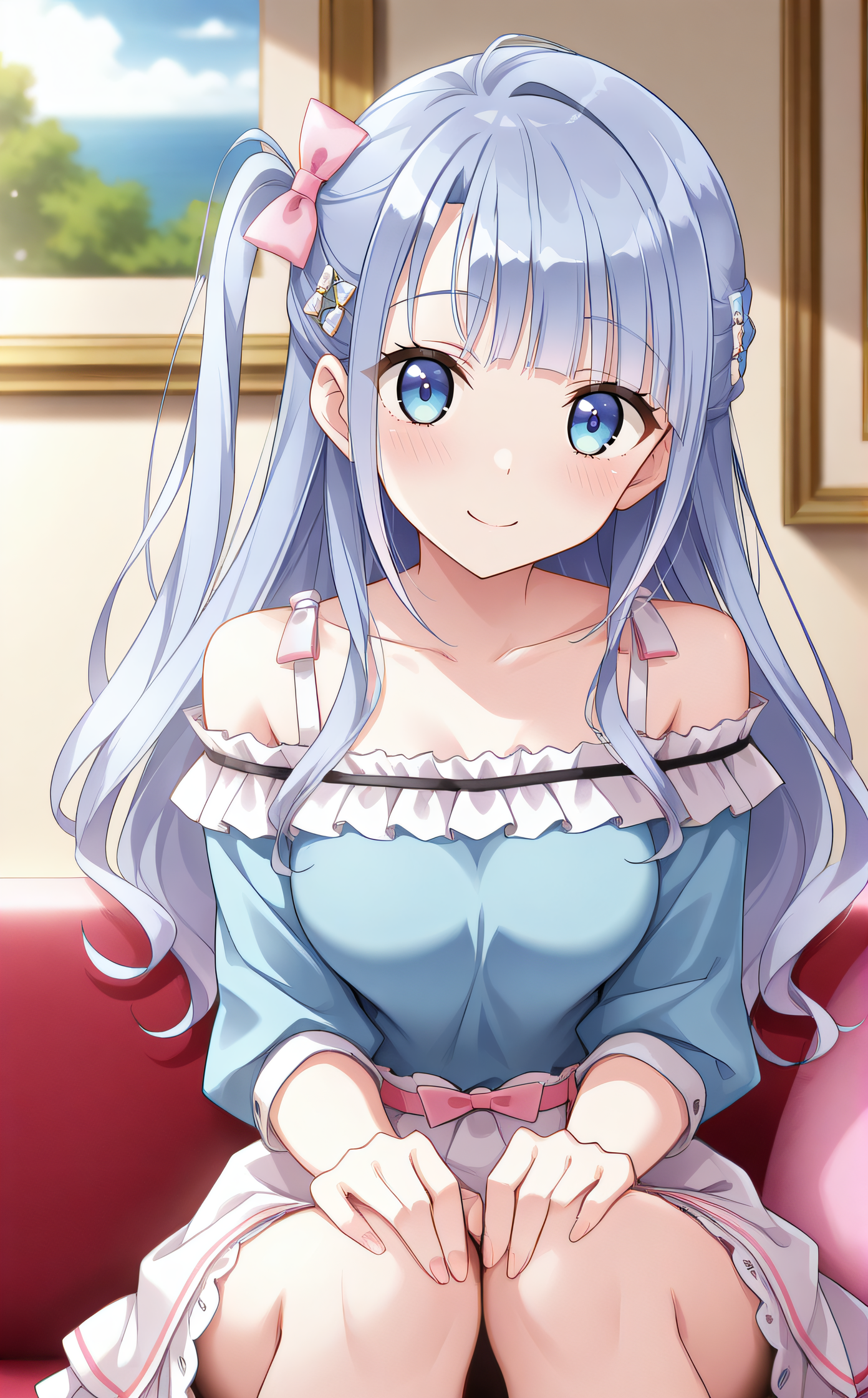 masterpiece, best quality, highres, newest, scenary, 1girl, solo, official style, <lora:Ougi_Ichika:1>, ichika, long hair, one side up, pink_hair_bow, hair ornaments, blue shirt, off shoulders, white skirt, frills, rolled-up sleeves, looking at viewer, smile, indoor, sitting on couch, cowboy shot, hands on knees