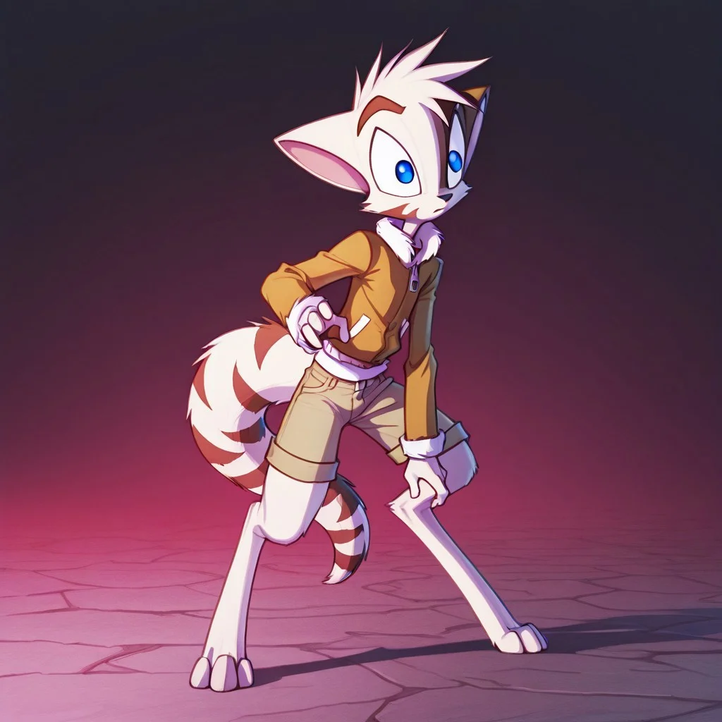 Mace, Dreamkeepers, 1boy, solo, anthropomorphic, feline-like, spiky hair, tail,solo, blue eyes, white fur, Digitigrade,young,
jacket, shorts,