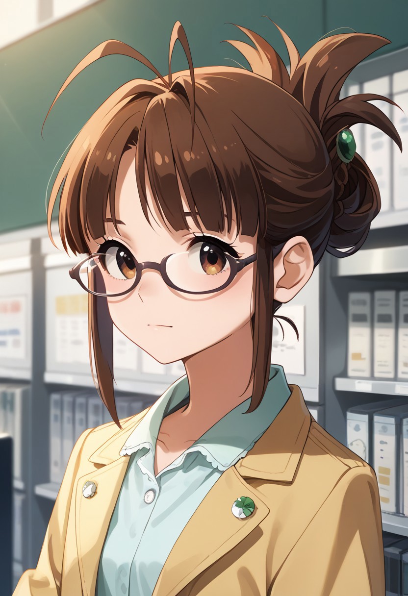 score_9,score_8_up,score_7_up,best quality, 4k, rating_safe, very aesthetic, source_anime,,akizuki ritsuko,antenna hair,folded ponytail,glasses,brown eyes,short hair,