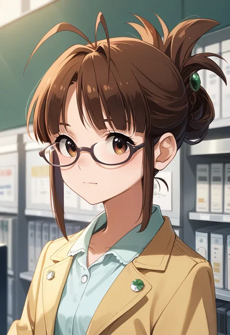 score_9,score_8_up,score_7_up,best quality, 4k, rating_safe, very aesthetic, source_anime,,akizuki ritsuko,antenna hair,folded ponytail,glasses,brown eyes,short hair,