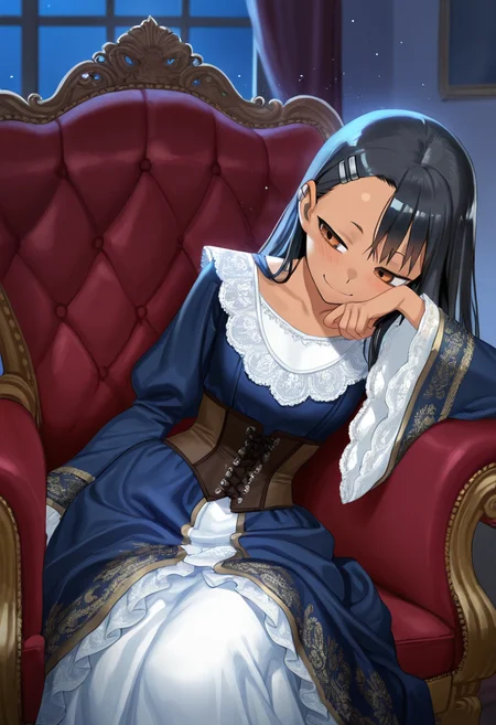 nagatoro, masterpiece, best quality, amazing quality, ultra detailed, solo, 1girl, adult, long dress, wide sleeves, ornate dress, corset, victorian dress, sitting, armchair, brocade, reclining, leaning on side, chin down proud, indoors, night, particles, cowboy shot,