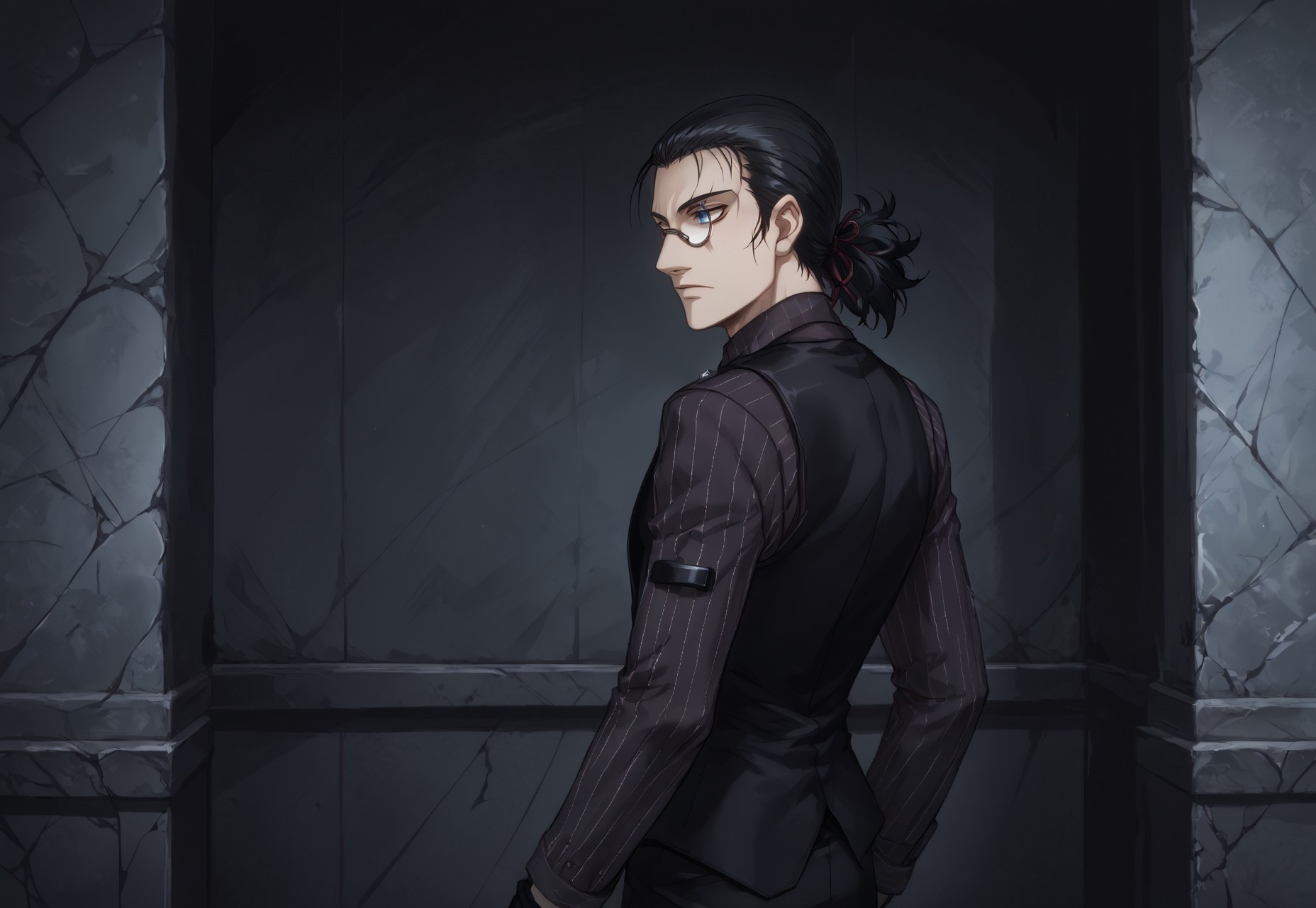 masterpiece, best quality, male focus, solo, 1boy,DarkWalter, blue eyes, black hair, back slicked ponytail, monocle, monocle over left eye, black tie, black vest, black pinstripe shirt, black pants, black shoes, black fingerless gloves, keychain, red hair ribbon, expressionless, looking to the side, standing, adjusting necktie, indoors, Manor Interior Wall