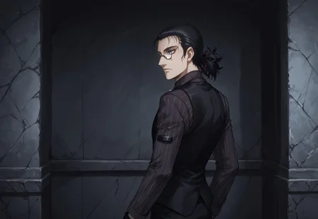 masterpiece, best quality, male focus, solo, 1boy,DarkWalter, blue eyes, black hair, back slicked ponytail, monocle, monocle over left eye, black tie, black vest, black pinstripe shirt, black pants, black shoes, black fingerless gloves, keychain, red hair ribbon, expressionless, looking to the side, standing, adjusting necktie, indoors, Manor Interior Wall