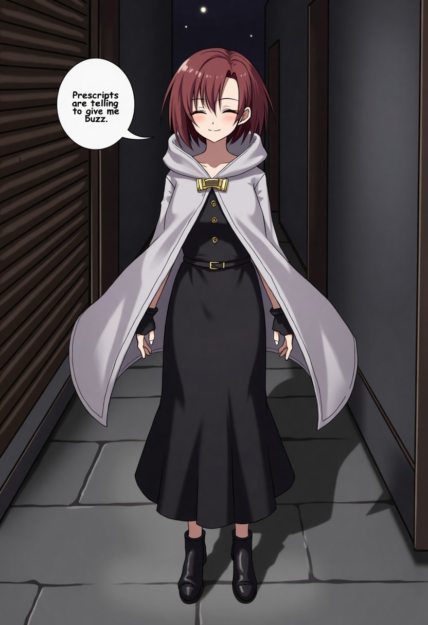 standing, Morai from Library of Ruina, Library of Ruina style, Project Moon style, Index finger syndicate, 
MoiraiLOR, short hair, closed eyes, smile, (beautiful face), solo, (narrow hips:1.3), short chestnut brown hair with a midpart along her left ear. She wears a black, gown with a fingerless evening gloves, topped with a white hooded cloak and a golden clasp, and black boots, dark alley background, night, one speech bubble,english text, talking, "Prescripts are telling to give me buzz" in the speech bubble,