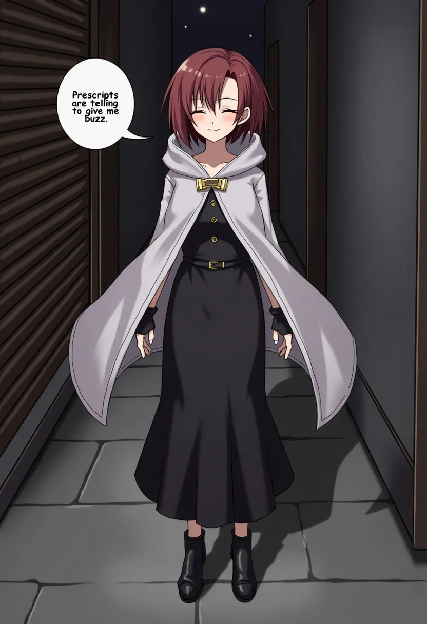 standing, Morai from Library of Ruina, Library of Ruina style, Project Moon style, Index finger syndicate,
MoiraiLOR, short hair, closed eyes, smile, (beautiful face), solo, (narrow hips:1.3), short chestnut brown hair with a midpart along her left ear. She wears a black, gown with a fingerless evening gloves, topped with a white hooded cloak and a golden clasp, and black boots, dark alley background, night, one speech bubble,english text, talking, "Prescripts are telling to give me buzz" in the speech bubble,