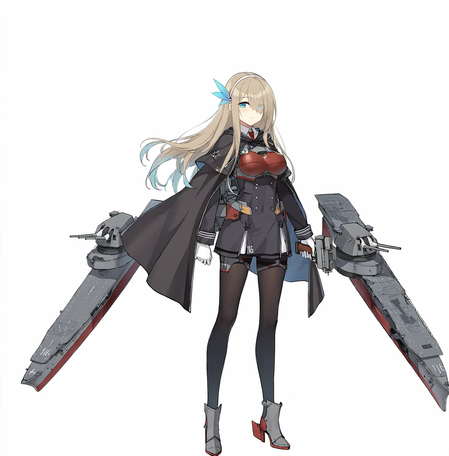 lexington (cv-16) (normal) (warship girls r),magazine (weapon),character:lexington (cv-16) (warship girls r),1girl,solo,flight deck,full body,rigging,long hair,black pantyhose,white gloves,red necktie,rudder footwear,machinery,long sleeves,hair over one eye,black cape,turret,standing,closed mouth,holding,looking at viewer,gun,skirt,black dress,expressionless,tachi-e,short dress,white background,feather hair ornament,blue feather hair ornament,blue eyes,chest guard,red chest guard,large breasts,armored boots,framed breasts,blue feathers,adapted turret,white hairband,anti-aircraft gun,cannon,<lora:lexington (cv-16) (warship girls r)v1.1-000006:1>,