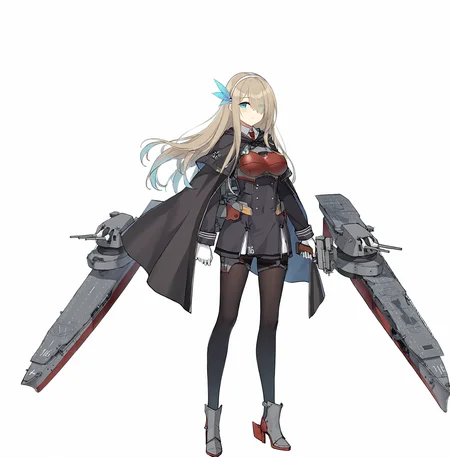 lexington (cv-16) (normal) (warship girls r),magazine (weapon),character:lexington (cv-16) (warship girls r),1girl,solo,flight deck,full body,rigging,long hair,black pantyhose,white gloves,red necktie,rudder footwear,machinery,long sleeves,hair over one eye,black cape,turret,standing,closed mouth,holding,looking at viewer,gun,skirt,black dress,expressionless,tachi-e,short dress,white background,feather hair ornament,blue feather hair ornament,blue eyes,chest guard,red chest guard,large breasts,armored boots,framed breasts,blue feathers,adapted turret,white hairband,anti-aircraft gun,cannon,<lora:lexington (cv-16) (warship girls r)v1.1-000006:1>,