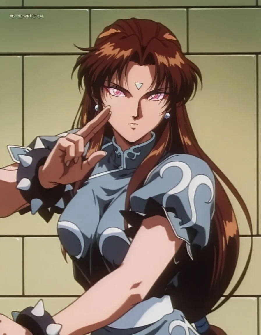 masterpiece, best quality, <lora:Chunli:1>, uselessli, brown hair, long hair, head tilt, medium breasts, parted bangs, short sleeves, anime coloring, earrings,dark skin,pink eyes, facial mark, retro artstyle, 1990s (style), expressionless, upper body, fighting stance, spiked bracelet,