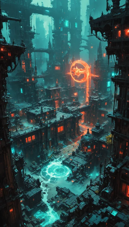 Bird's-eye view, ancient cyberpunk settlement, cyberpunk and gothic fusion. Intricate spatial composition, geometric planning, strategic shapes and organic patterns. Clustered gothic cyberpunk structures, neon lights, and bold gargoyle sculptures. Atmospheric interplay, ambient light, dynamic shadow, rich hues. Detailed architectural nuances, mosaic-like pathways, designed streets. Steampunk artifacts, monumental architectural details. Technical quality 8k, masterpiece, hyper-detailed imagery, intricate design, evocative textures, ethereal light, timeless narrative. <lora:flux-photo_v6:0.4> <lora:VividlySurrealOrigin:0.6> <lora:Magic_of_Art_(FLUX):0.6> <lora:42lux-UltimateAtHome-flux-highresfix:0.25>