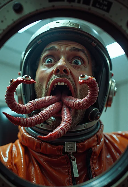 A highly detailed and intricate image of a man in a retro sci-fi flight suit with a shocked expression with a monstrous multiple bifurcating tongue that is covered in warts and on each bifurcation tipped with a detailed bloodshot eyeball, the tongue is contorted as it looks for something. He is inside the cockpit of a spacecraft, with harsh, eerie lighting casting shadows. grotesque, terrifying, chilling, atmospheric composition.  <lora:alienset_flux_v1:0.8> ohwx set design <lora:fx-monsters-flux-meatsack:0.4> fx-monsters-flux-meatsack