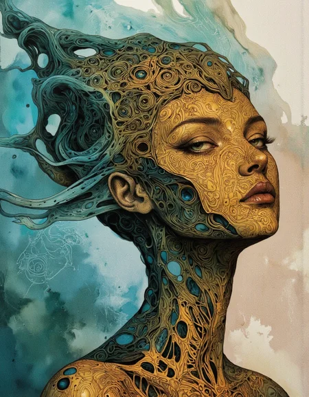 Ethereal minimalist Alien race cybergoth fashion photography painting, in the style of teal and gold, use of palette knives, waist-high portrait, intricate, sharp_focus, concept_art, background zentangle fog.