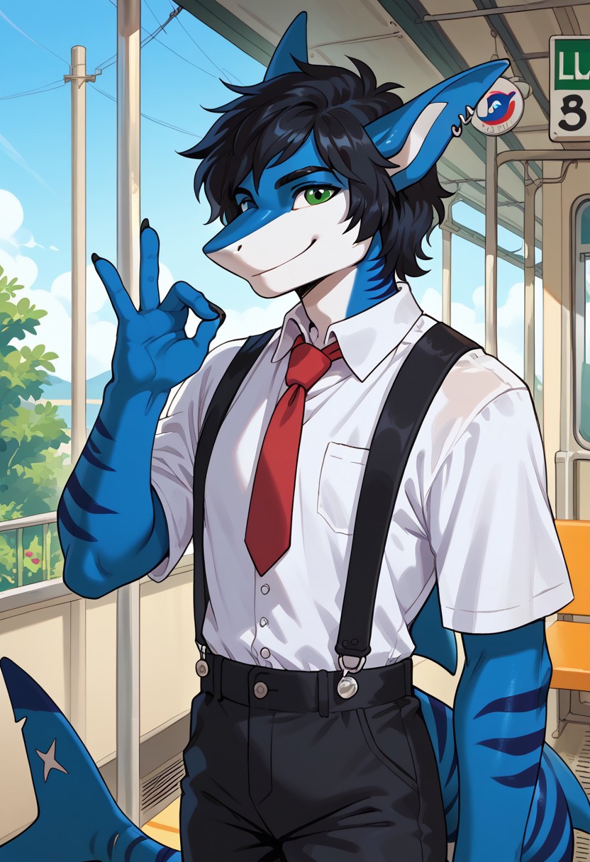 scappo,  score_9, score_8_up, score_7_up, 1boy, solo, lunarsunxl, anthro shark,dark blue skin, stripes on the body, short hair,lush hair,black hair, green eyes, shark tail, ear piercing, BREAK, Back to the viewer, half turned, looking at the viewer, white shirt, red tie, black trousers, suspenders, pink ribbon on hand, shell pendant, yin-yang pendant, goodbye gesture, big smile, happy face, train station platform background, sunny day,
