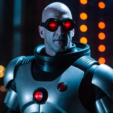 cinematic film still of <lora:Mr. Freeze:1.2>
Mr. Freeze a man in a suit with glowing red eyes In Gotham City, shallow depth of field, vignette, highly detailed, high budget, bokeh, cinemascope, moody, epic, gorgeous, film grain, grainy