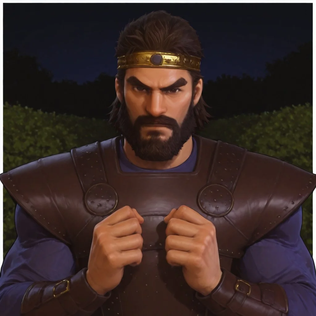 masterpiece, best quality, newest, absurdres, highres, Diz_D00dz, white borders around characters, soft light, BREAK bara, muscular, 1man, male focus, male, male focus, 1boy, CyrusCIVVI, brown eyes, brown hair, facial hair, beard, mustache, thick eyebrows, golden headband, {{beefy}}, {{muscular}}, {{large}}, looked at the viewer, close up to face, on the persian park, garden, blue Long Sleeve shirt, baggy shirt, night, angry, closed mouth