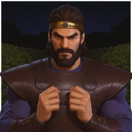 masterpiece, best quality, newest, absurdres, highres, Diz_D00dz, white borders around characters, soft light, BREAK bara, muscular, 1man, male focus, male, male focus, 1boy, CyrusCIVVI, brown eyes, brown hair, facial hair, beard, mustache, thick eyebrows, golden headband, {{beefy}}, {{muscular}}, {{large}}, looked at the viewer, close up to face, on the persian park, garden, blue Long Sleeve shirt, baggy shirt, night, angry, closed mouth
