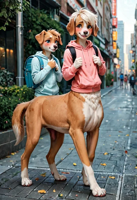 score_9, score_8_up, score_7_up, score_6_up, score_5_up, score_4_up, source_furry, source_anime, furry, anthro, BREAK, (femboy:domestic dog, domestic dog anthro, Taur:1.1) ,(digitigrade, Taur, twink, young, slender, sweatshirt, backpack, shy, blush, smile, shy smile, cute:1.2), (outdoors, city)